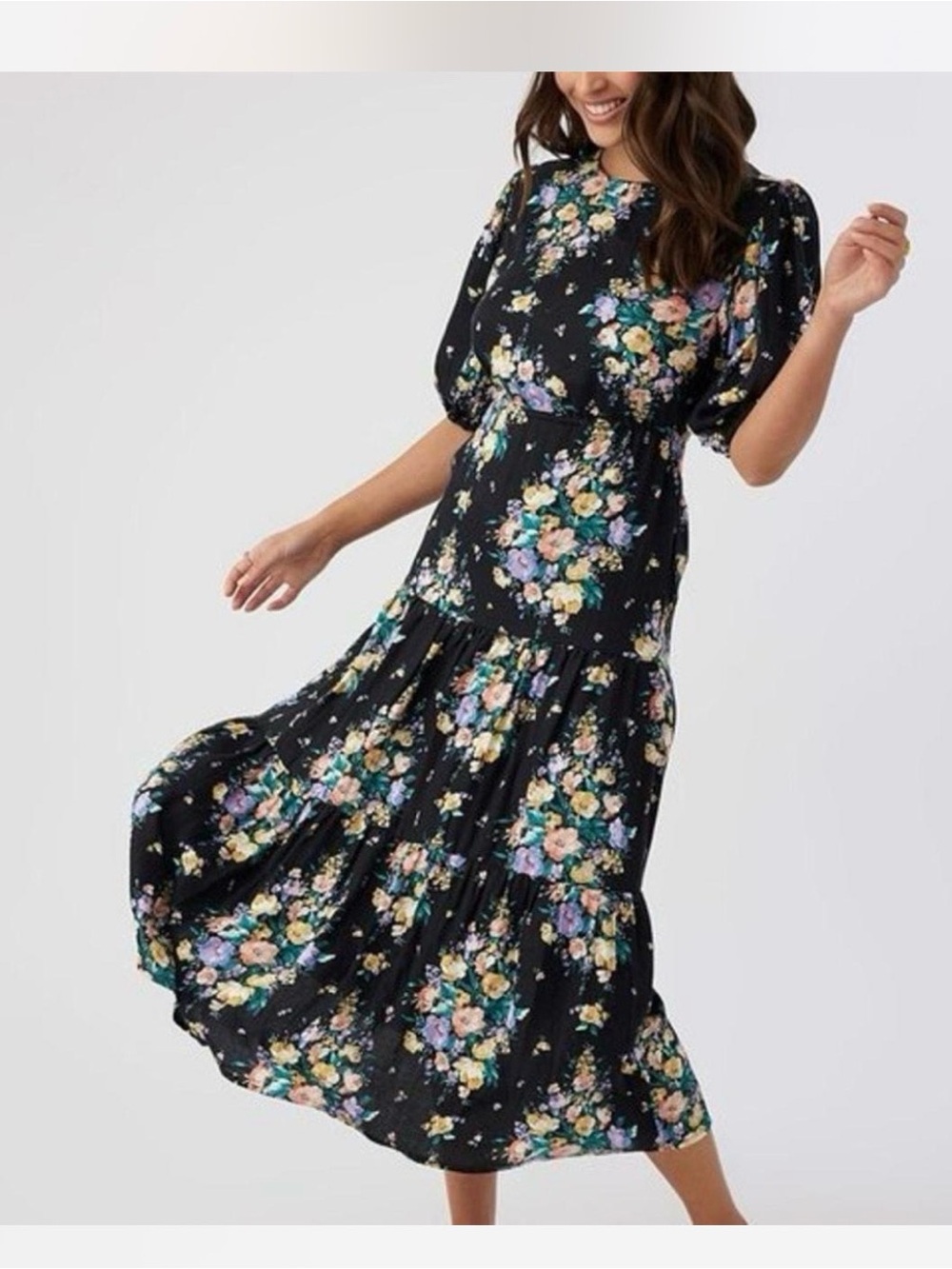 New O’Neal Floral Tiered Midi Dress in Black